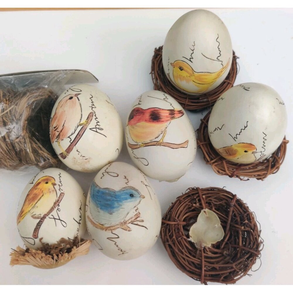 6 Ceramic Painted Bird Egg in Nest Artisan Farmhouse Decor 3.5" For Craft DIY